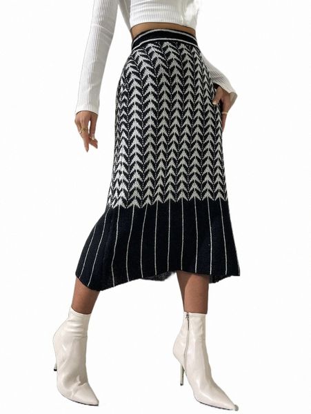 

women's sweaters striped & chevron pattern knit skirt n0ro#, White;black