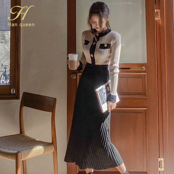 

two piece dress h han queen 2 pieces set winter women's knitted single breasted mid aline skirt korean simple casual skirt suit 220827, White