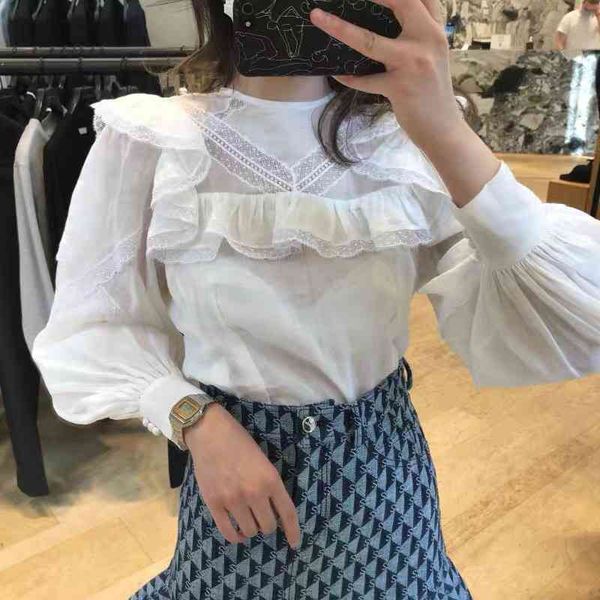 

women's blouses shirts fadan spring and summer exquisite lace ruffle all-around pure color ramie long sleeve top, White