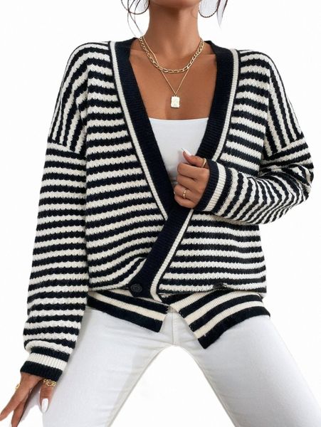 

women's sweaters stripe pattern drop shoulder cardigan k6dw#, White;black
