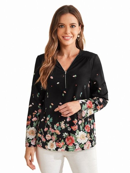 

women's blouses & shirts emery rose floral print half zip blouse 62xb#, White