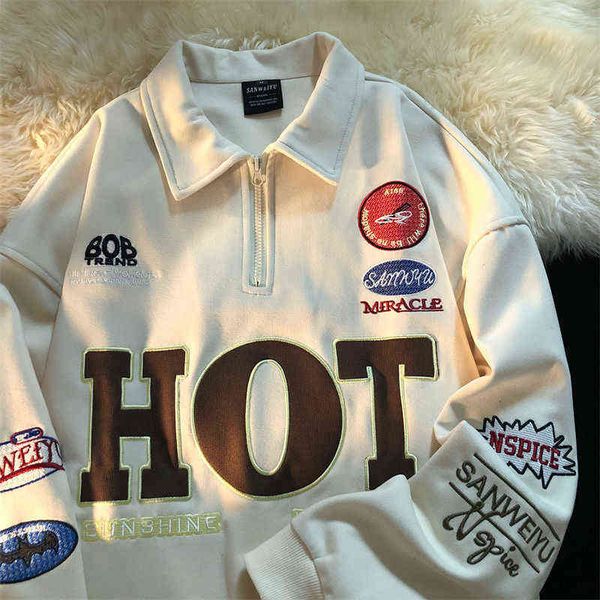 

women's hoodies sweatshirts new hip hop dark brown letters embroidery polo shirt sweatshirts vintage loose long sleeve spring fashion, Black
