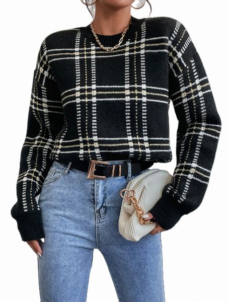 

women's sweaters plaid pattern drop shoulder sweater j9v7#, White;black