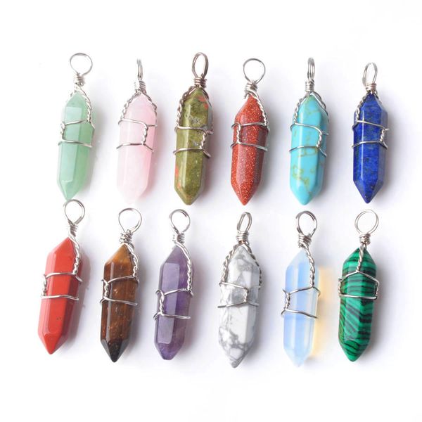

hexagonal column quartz pendants fashion natural stone wire wrap crystal bullet for women jewelry accessories 24pc bn306, Silver