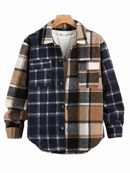 

men's down & parkas men 1pc plaid print flap pocket overcoat v1bz#, Black