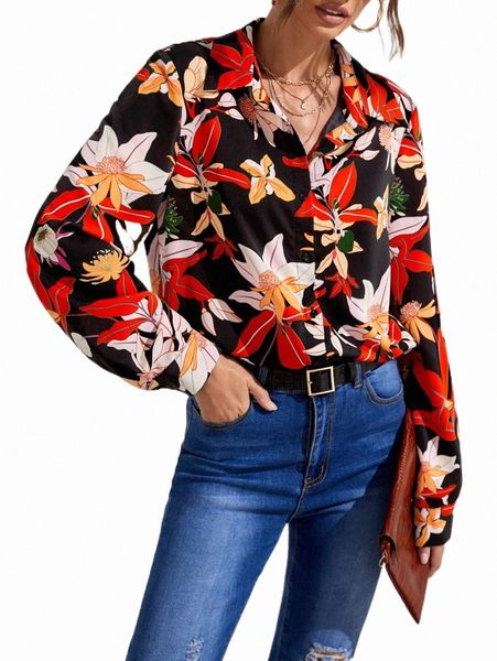 

women's blouses & shirts floral print button up shirt l52v#, White