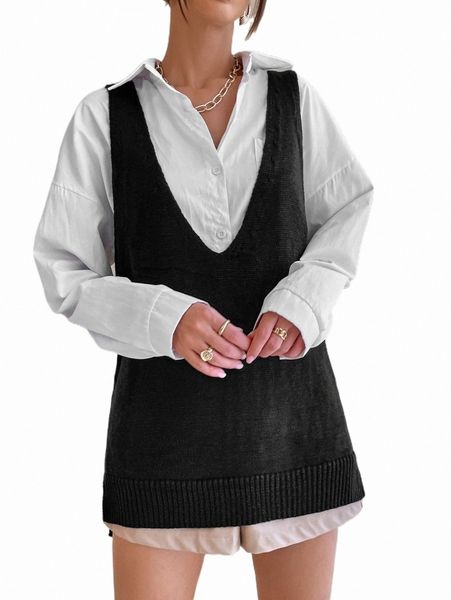 

women's sweaters 1pc plunging neck sweater vest t600#, White;black