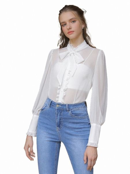 

women's blouses & shirts mod tie neck frill trim blouse t7oi#, White