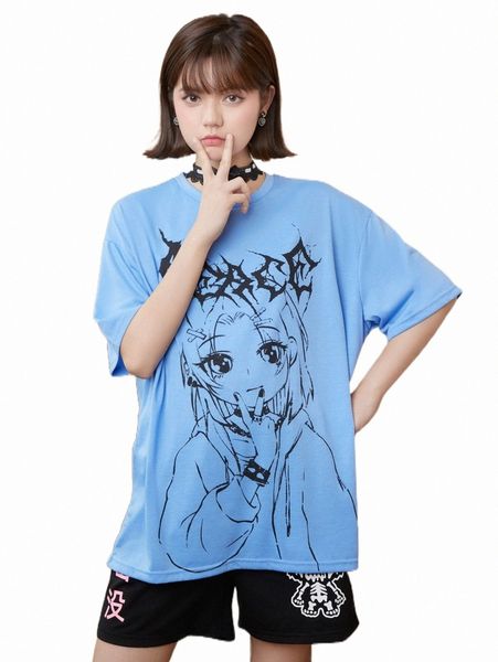 

romwe anime figure & letter graphic drop shoulder tee r74k#, White