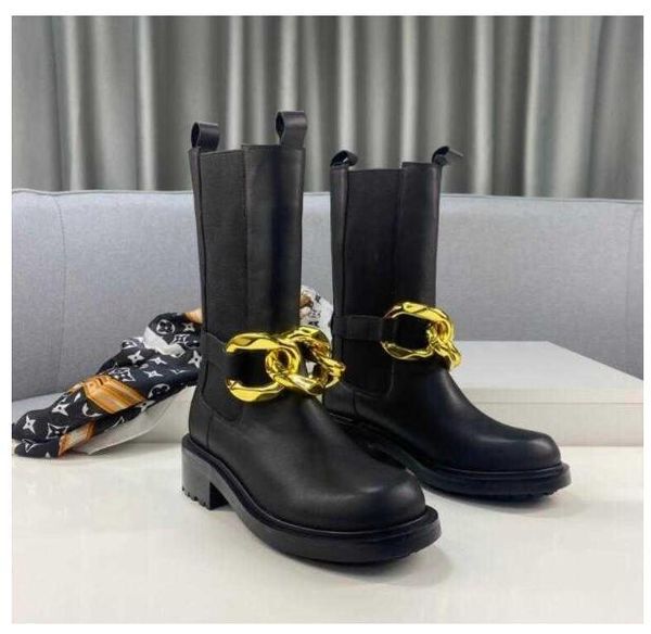 

spring and autumn fashion mid-tube short boots hollow front with metal chain decoration low heel round toe size 38-40, Black