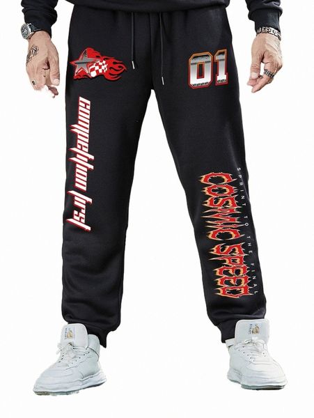 

men's pants romwe guys letter drawstring sweatpants f3i1#, Black
