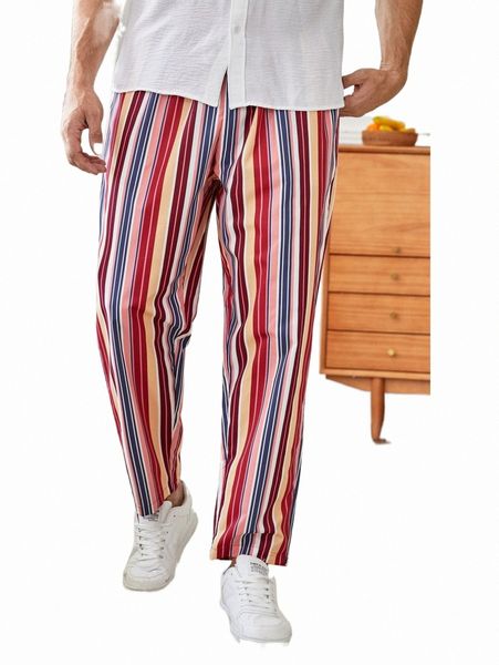 

men's pants men drawstring waist striped pants f35c#, Black