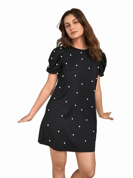 

casual dresses frenchy pearls beaded puff sleeve dress p72a#, Black;gray