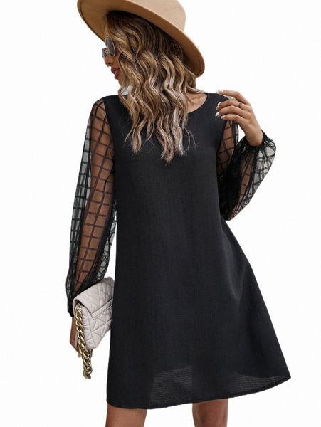 

casual dresses contrast plaid mesh sleeve tunic dress 67b9#, Black;gray