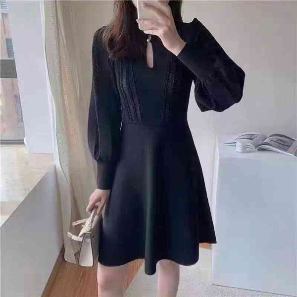 

casual dresses fadan s family's court style pearl button slim knit dress in autumn and winter, Black;gray