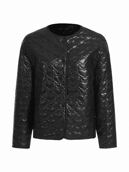 

women's down & parkas heart textured snap button front pu coat t4e4#, Black