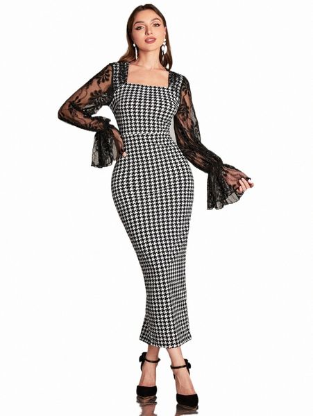 

houndstooth print contrast lace flounce sleeve dress i0ui#, Black;gray