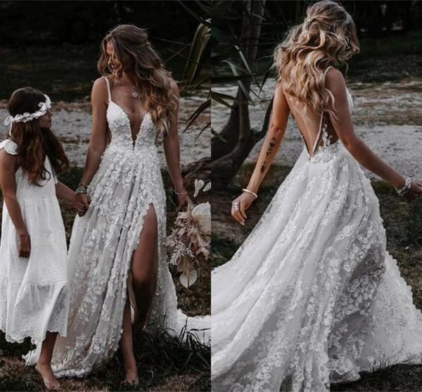 

boho country a line wedding dresses 3d floral lace appliques split spaghetti straps bohemian bridal gowns sweep train open back plus size ro, White