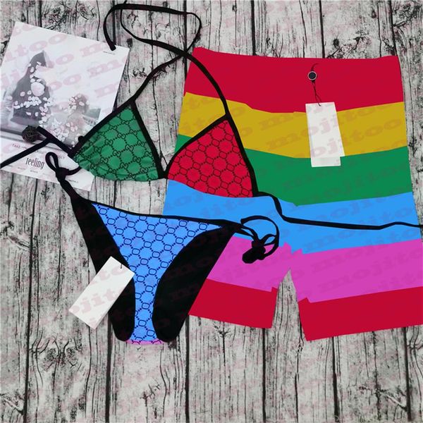

colorful letter print lovers swimsuit bikinis set textile push up padded womens swimwear summer beach shorts for men333e