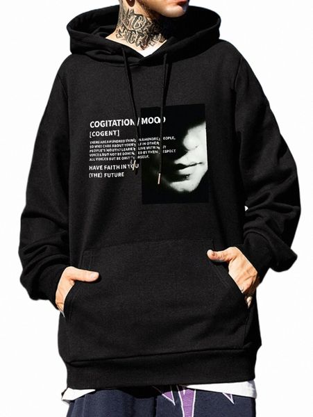 

men figure & slogan graphic drop shoulder drawstring hoodie s0dc#, Black