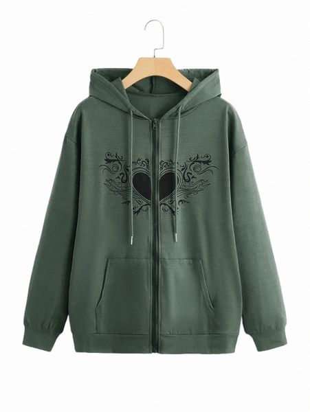 

women's hoodies & sweatshirts romwe heart print zip up hoodie o0mx#, Black