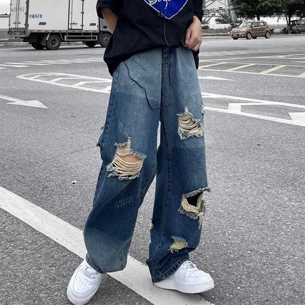 

men's jeans korean version of ins hiphop high street hipsters distressed old ripped straight jeans men casual wild loose wideleg trouse, Blue