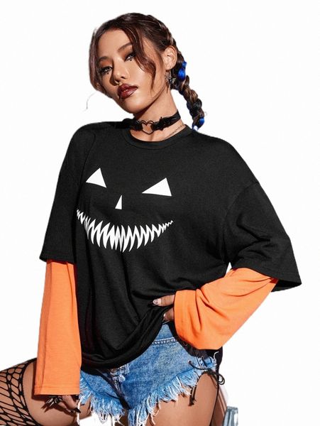 

women's t-shirt halloween print 2 in 1 tee 2022 new f8t9#, White