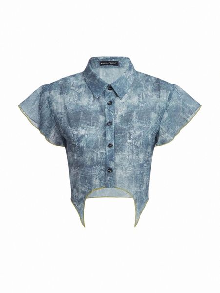 

women's blouses & shirts allover print asymmetrical hem crop shirt m7c0#, White