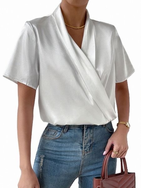 

women's blouses & shirts shawl collar wrap satin blouse a75j#, White