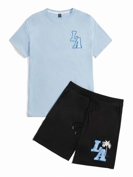 

men's tracksuits romwe guys letter tree print tee & shorts z25c#, Gray