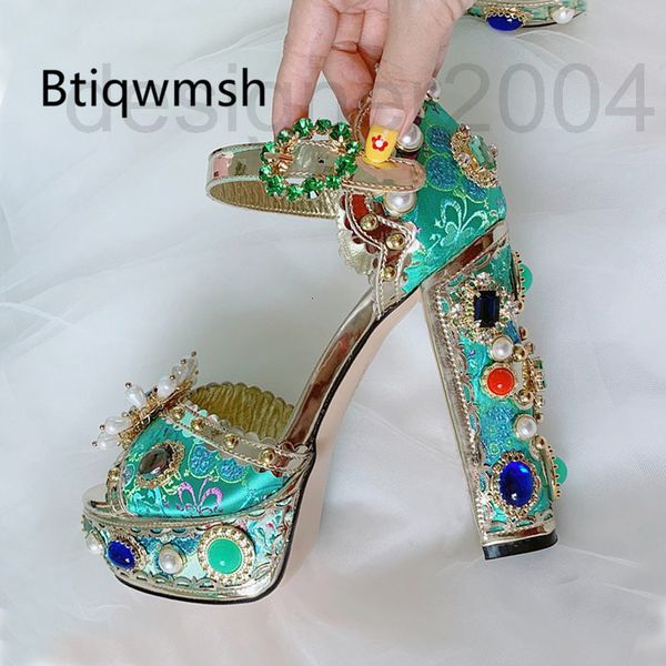 

sandals designer luxury green satin baroque platform sandals women peep toe rhinestone diamond high heel shoes woman fashion party 8dmv, Black