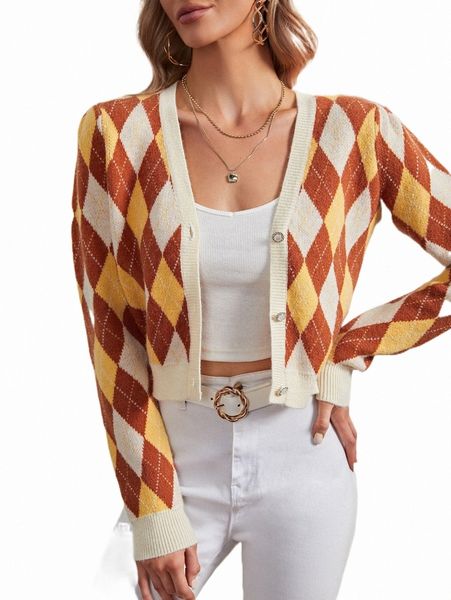 

women's sweaters argyle pattern button front cardigan r8sz#, White;black