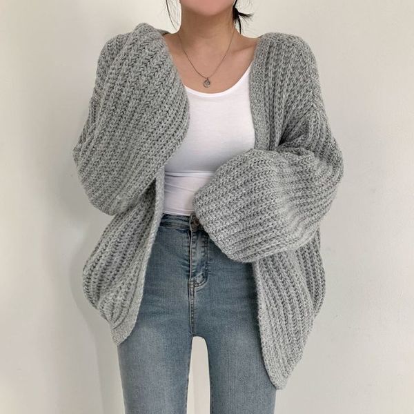 

women's jackets autumn lazy loose casual solid v neck lantern sleeve knitted sweater wild long sleeve oversize cardigan coat retro suet, Black;brown