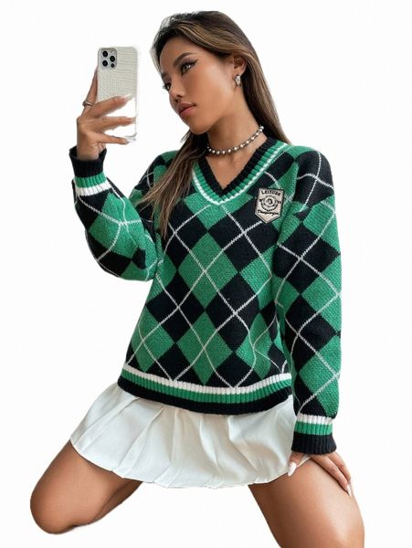 

argyle pattern letter patched drop shoulder sweater a3qg#, White;black