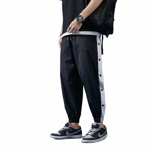 

men's pants autumn casual men hip hop streetwear with two rows of button fashion oversized trousers for joggers clothing h2mk#, Black