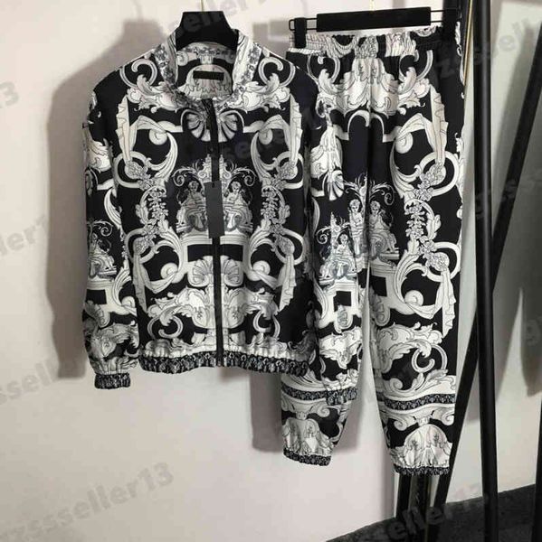 

two piece women sets designer vers tracksuits vintage pattern logo print long-sleeved zipper jacket casual trousers suit size s-xl 0912, Gray