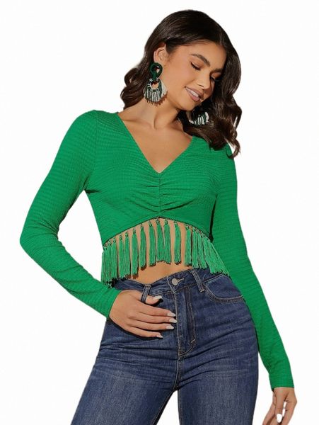 

women's t-shirt ruched fringe hem crop tee 2022 new x2iy#, White