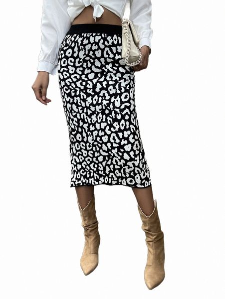 

women's sweaters leopard pattern split back knit skirt h0cg#, White;black