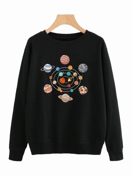 

women's hoodies & sweatshirts planets print drop shoulder sweatshirt s3hy#, Black