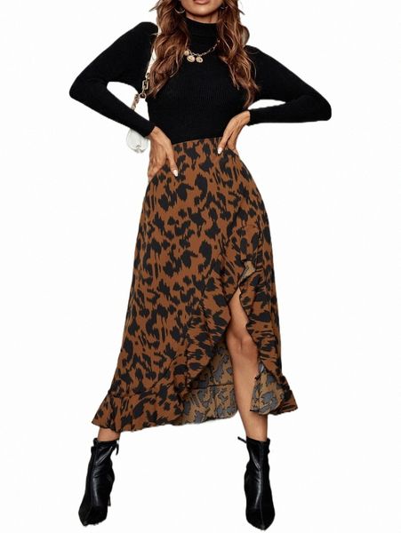 

skirts allover print ruffle trim wrap skirt 2022 new z6mx#, Black