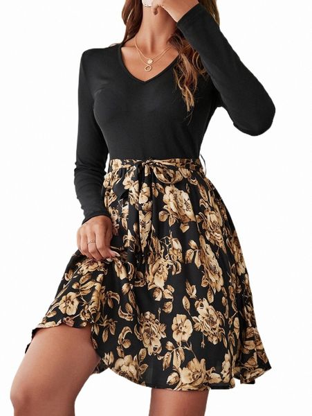 

casual dresses floral print belted dress 2022 new g6en#, Black;gray