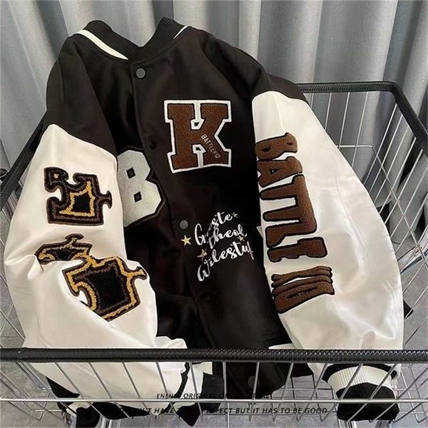 

men's jackets street retro letter embroidery baseball uniform cotton bomber jacket women winter loose all-match casual thickened jacket, Black;brown