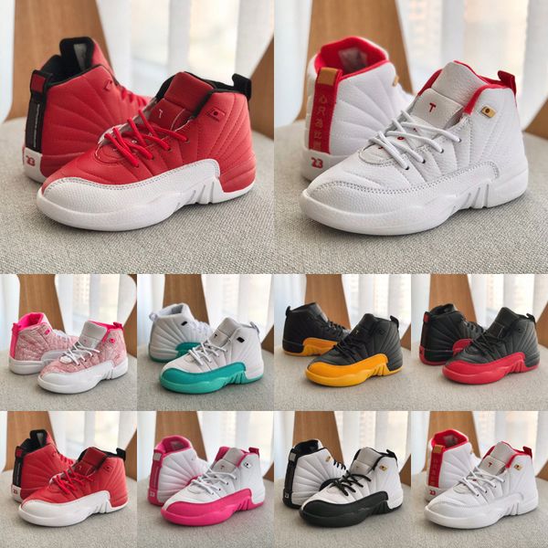 

kids basketball shoes jumpman 12s 12 ps flu game black deadly pink gym red 2022 xii athletic sneakers kids trainer size us 26-37, White;red