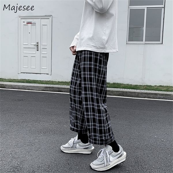 

men's pants casual men straight harajuku streetwear korean style plaid ankle length elastic waist students trousers all match retro 220, Black