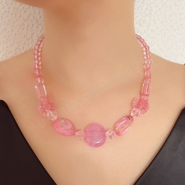 

sweet girl handmade transparent choker necklace women pink acrylic beads simple casual necklace, Golden;silver