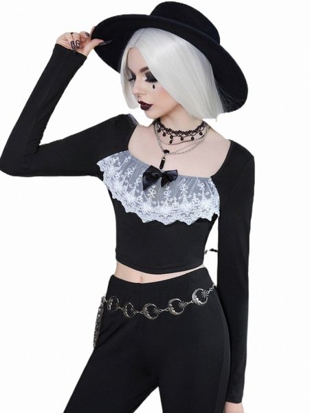 

women's t-shirt halloween witch contrast lace crop tee f2tq#, White