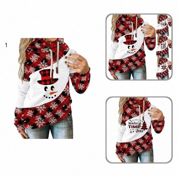 

women's hoodies & sweatshirts shrinkable cuff lightweight drawstring snowman snowflake print patchwork xmas hoodie pullover sweatshirt, Black