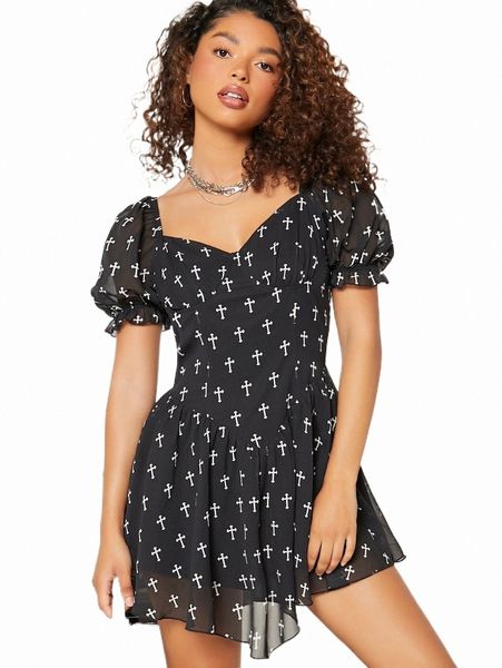 

allover print sweetheart neck puff sleeve chiffon dress k3oe#, Black;gray