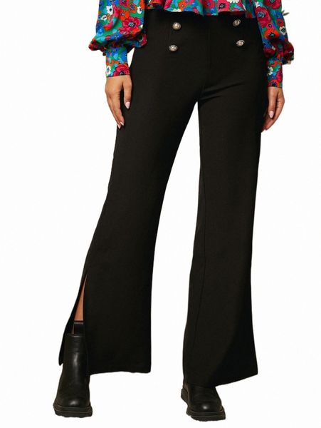 

women's pants & capris double button split hem flare leg pants 5159#, Black;white