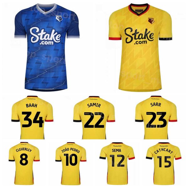 

22-23 club watfords soccer jersey 10 joao pedro 9 manaj 23 sarr 8 cleverley 1 bachmann 15 cathcart 39 kayembe 12 sema 31 sierralta 27 kabase, Black;yellow